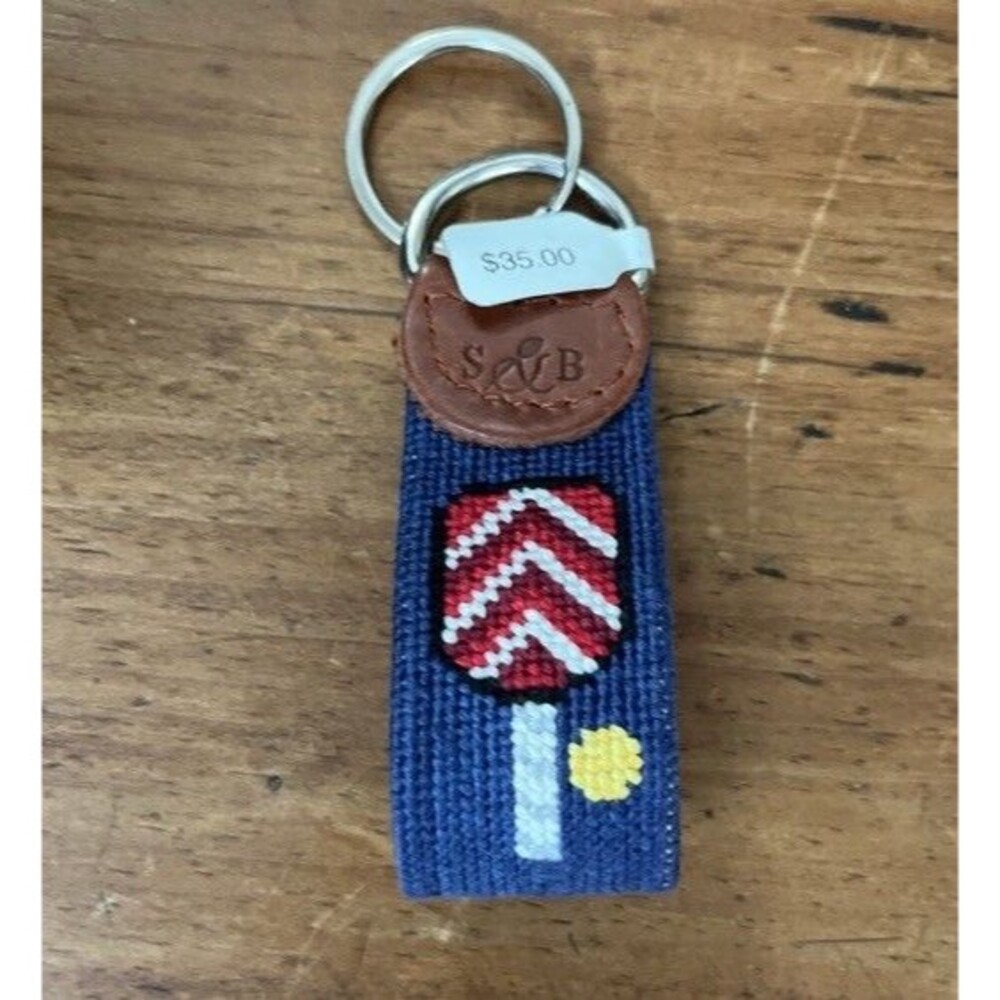 Smathers & Branson Pickleball New Key Fob Ring Needlepoint Leather